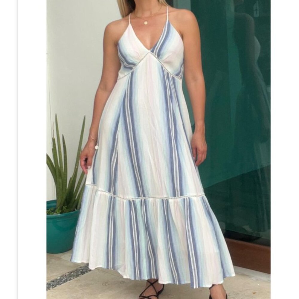 En Creme Maxi Dress Small White Blue Pink Striped Gauze Crochet Boho Beach